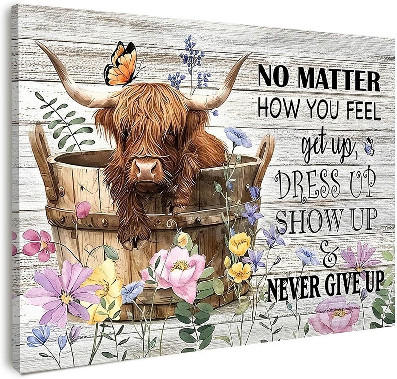 ARS Graphics ARS® Inspirational Wall Art Framed Highland Cow Motivational Quote Sign Rustic Farmhouse Floral Wall Decor 12×16 Inch - Image 1
