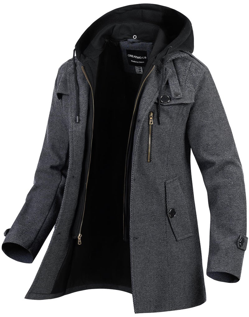 CREATMO US Mens Trench Coat Long Men Coats Winter Pea Classy Jacket Overcoat Single Breasted Casual Lapel Collar Business Overcoats Grey Padding Lined L - Image 2