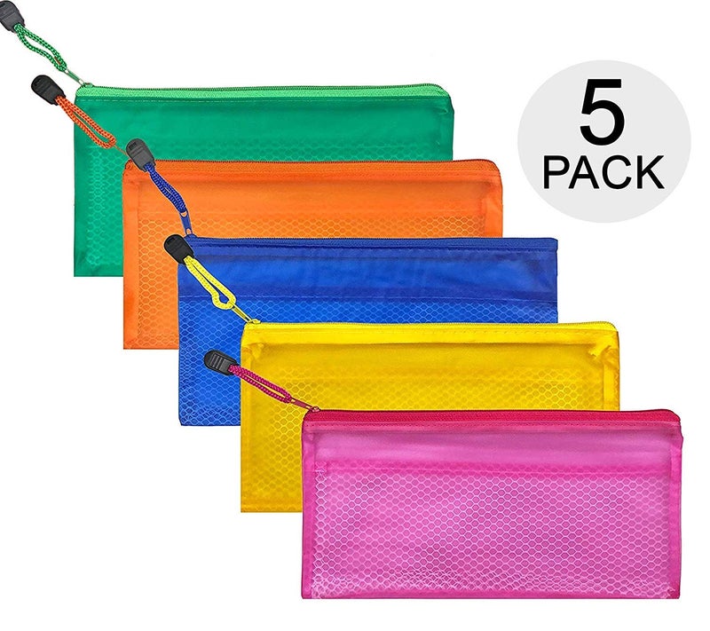 SNDIA 5-Pcs Zipper Pouch Pen Pencil Stationary Case Travel Document Holder and Cosmetics Bag (Colour May Vary, 23.5cm X 11cm)