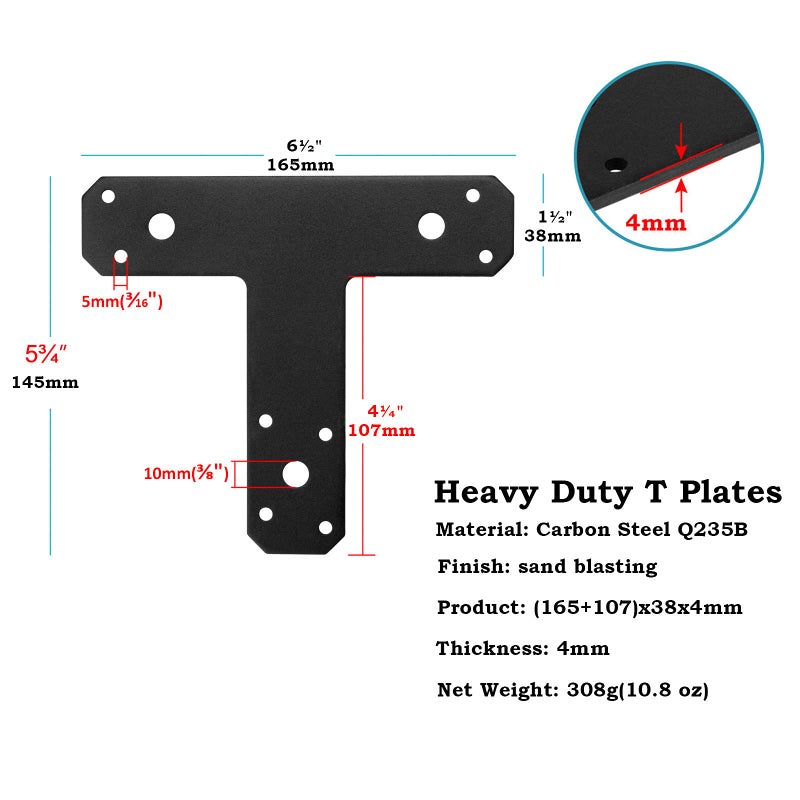 heneng 6 Pcs T Shaped Mending Plates, 6-1/2" x 1-1/2", Flat Repair Fixing Connector Bracket, 5/32" Thick - Image 2