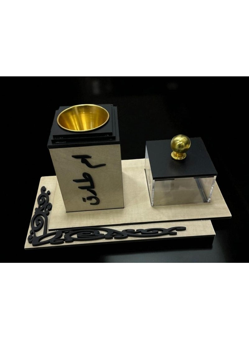 fan baytk Elegant Beige Wood Incense Burner: A distinctive aromatic experience with dimensions of 9 x 9 x 12 cm and a transparent incense box with a black lid of 9 x 9 x 6 cm, with a decorative tray measuring 27 x 15 cm  - Image 2