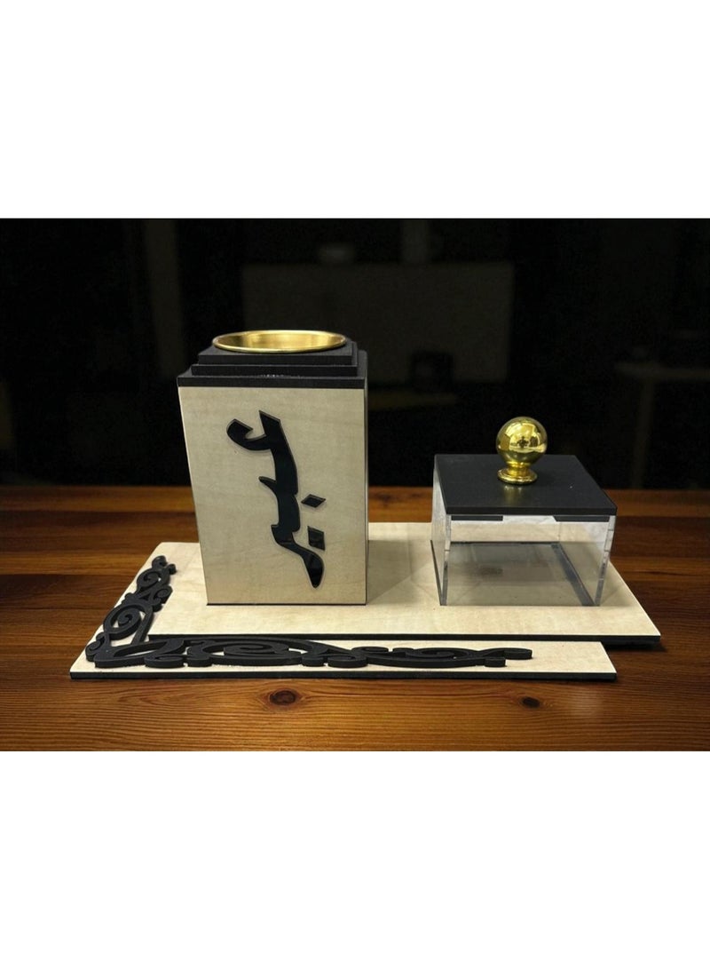 fan baytk Elegant Beige Wood Incense Burner: A distinctive aromatic experience with dimensions of 9 x 9 x 12 cm and a transparent incense box with a black lid of 9 x 9 x 6 cm, with a decorative tray measuring 27 x 15 cm  - Image 3