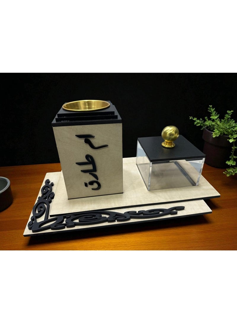 fan baytk Elegant Beige Wood Incense Burner: A distinctive aromatic experience with dimensions of 9 x 9 x 12 cm and a transparent incense box with a black lid of 9 x 9 x 6 cm, with a decorative tray measuring 27 x 15 cm  - Image 1