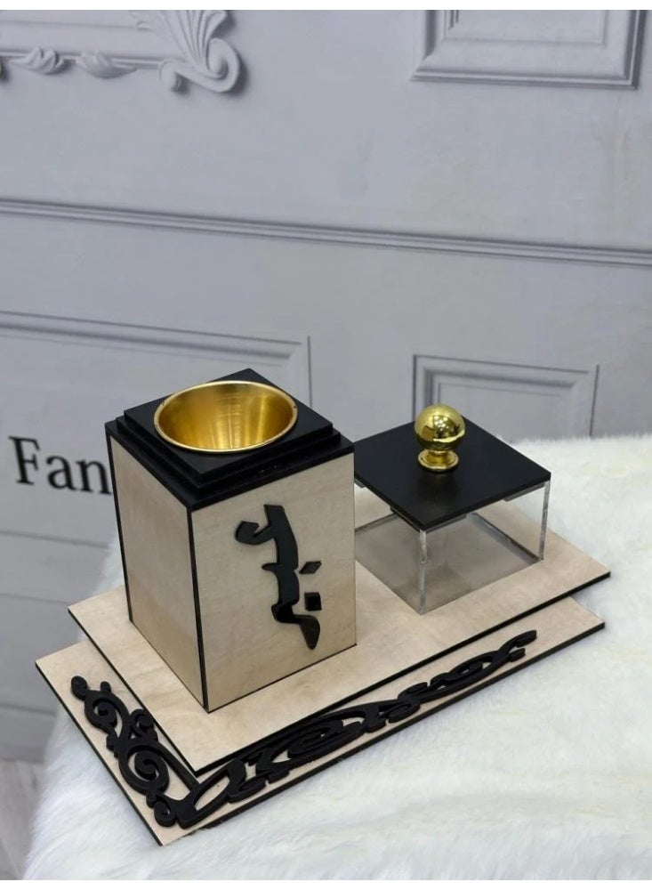 fan baytk Elegant Beige Wood Incense Burner: A distinctive aromatic experience with dimensions of 9 x 9 x 12 cm and a transparent incense box with a black lid of 9 x 9 x 6 cm, with a decorative tray measuring 27 x 15 cm  - Image 4