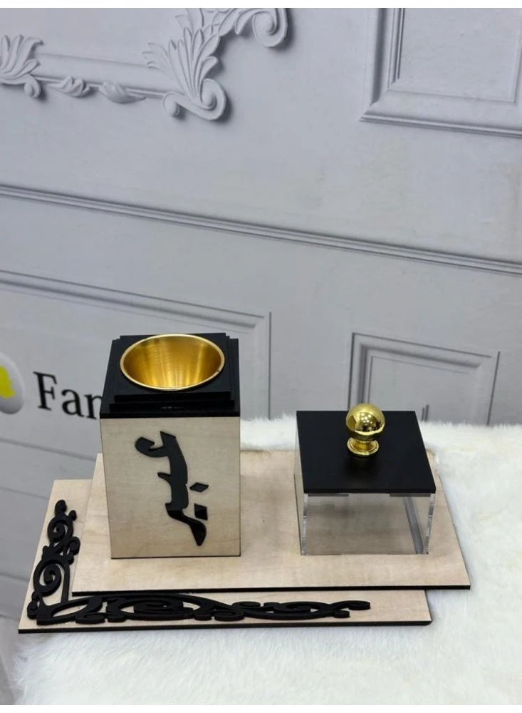 fan baytk Elegant Beige Wood Incense Burner: A distinctive aromatic experience with dimensions of 9 x 9 x 12 cm and a transparent incense box with a black lid of 9 x 9 x 6 cm, with a decorative tray measuring 27 x 15 cm  - Image 5
