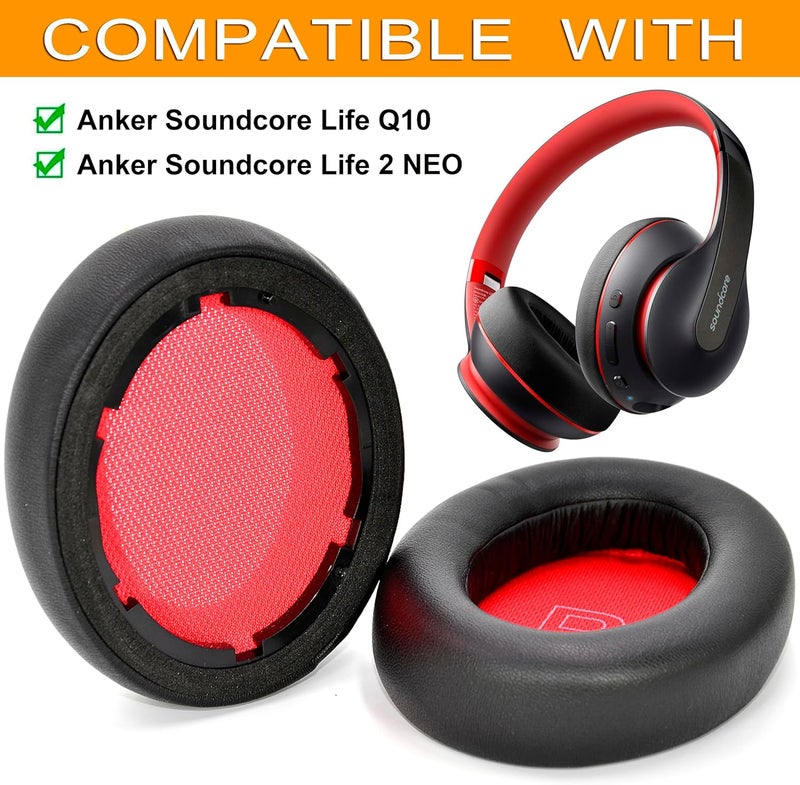 defean Life Q10 Earpads Replacement Ear Cushion Cover Ear Pads Cushion Compatible with Anker Soundcore Life Q10 / Q10 Bluetooth Headset, Softer Leather,High-Density Noise Cancelling Foam (Black-red) - Image 2
