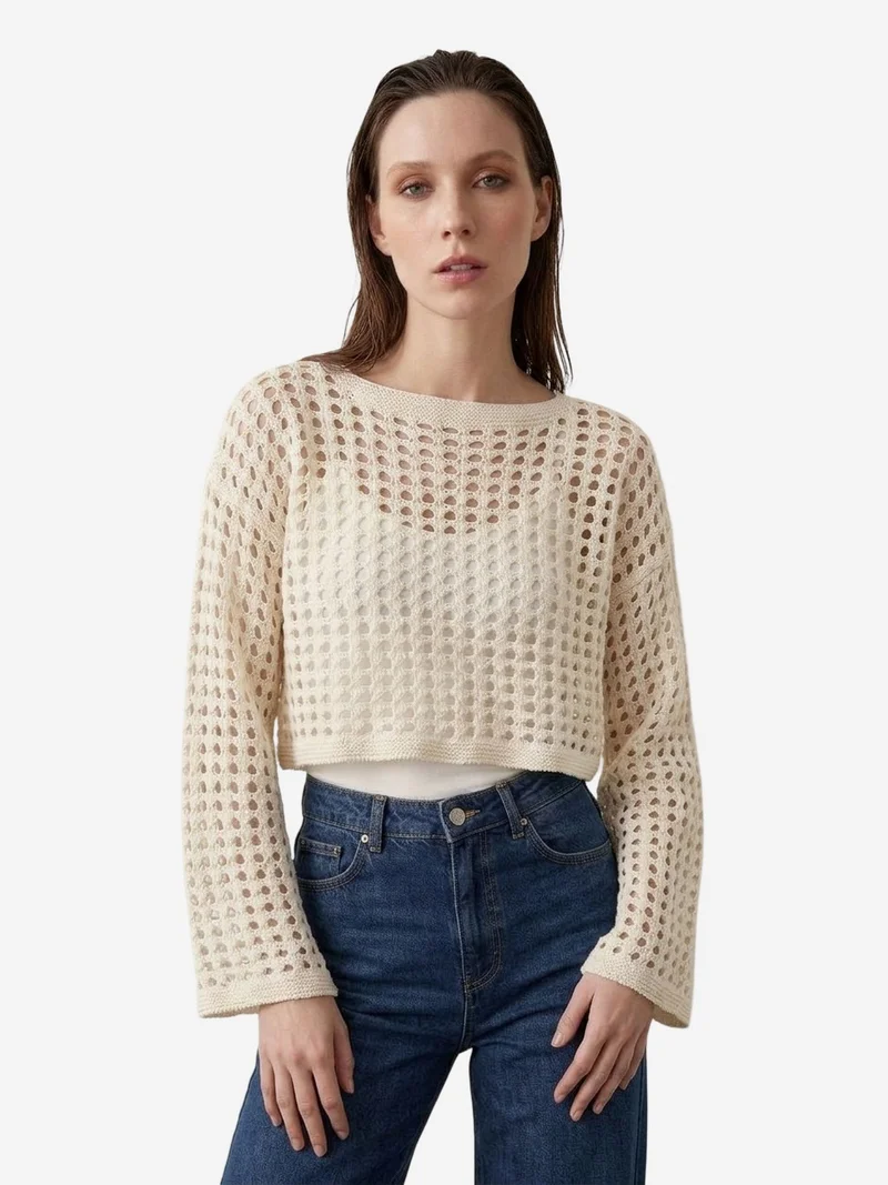 My Fashion Cream Natural MY FASHION Textured Acrylic Crop Knit Top for Women | Best Price UAE