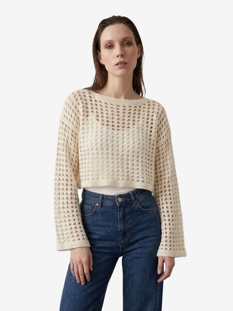 My Fashion Cream Natural MY FASHION Textured Acrylic Crop Knit Top for Women | Best Price UAE