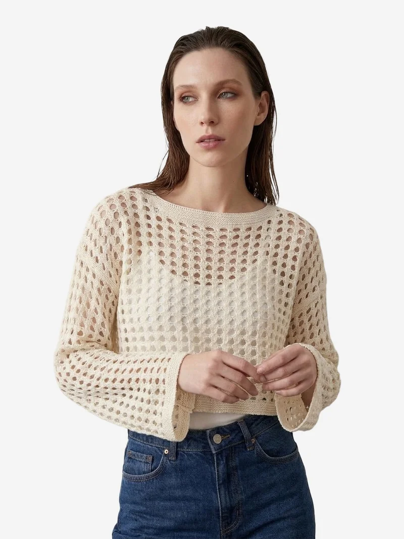 My Fashion Cream Natural MY FASHION Textured Acrylic Crop Knit Top for Women | Best Price UAE