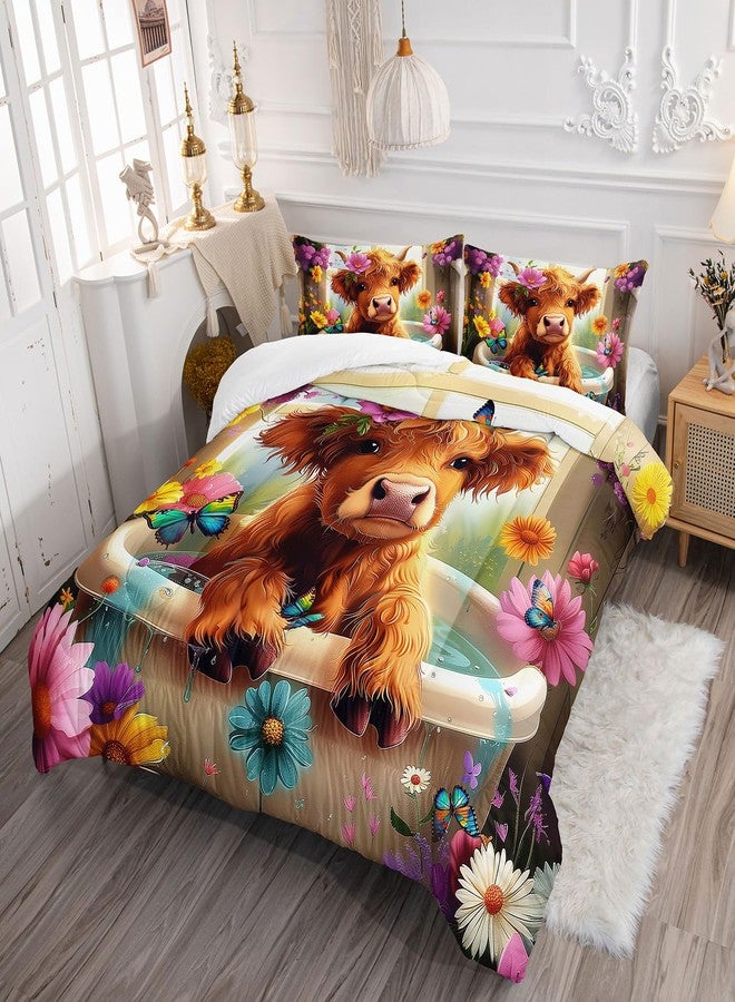 XYNHML Kawaii Wildlife Farmhouse Cow Comforter 3Pcs Twin Western Funny Animal Highland Cow Bedding Set for Kid Teen Girl Boy Butterfly Flower Cattle Quilt Bed Decor with 1 Comforter and 2 Pillowcases - Image 2
