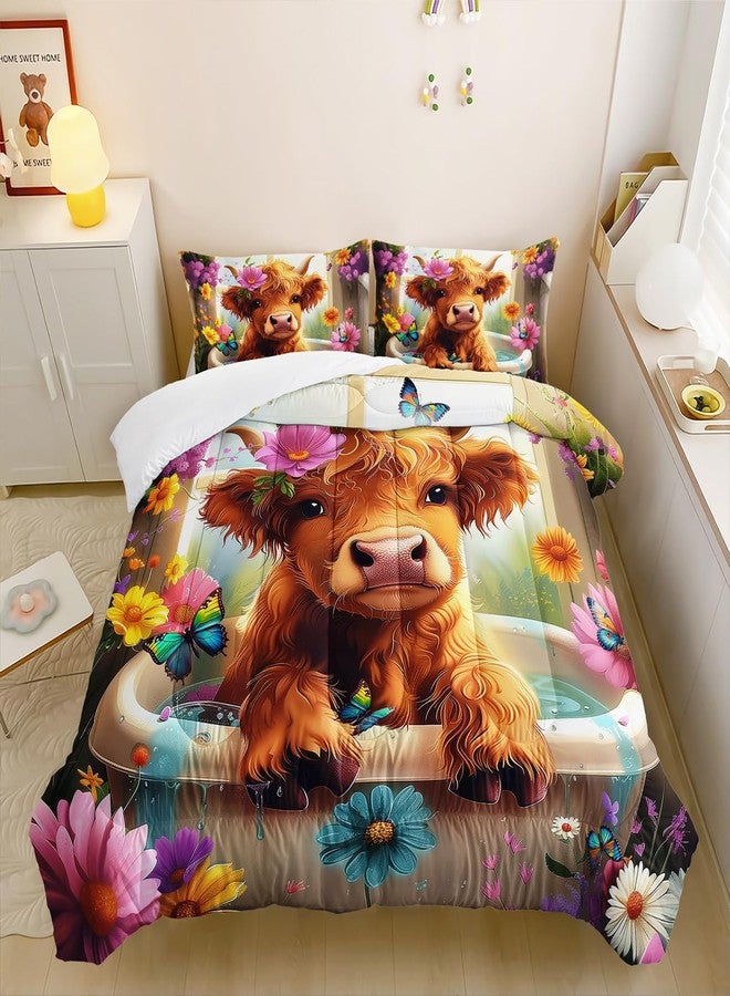 XYNHML Kawaii Wildlife Farmhouse Cow Comforter 3Pcs Twin Western Funny Animal Highland Cow Bedding Set for Kid Teen Girl Boy Butterfly Flower Cattle Quilt Bed Decor with 1 Comforter and 2 Pillowcases - Image 3
