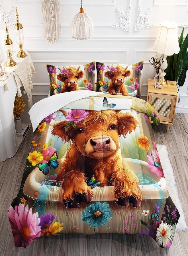XYNHML Kawaii Wildlife Farmhouse Cow Comforter 3Pcs Twin Western Funny Animal Highland Cow Bedding Set for Kid Teen Girl Boy Butterfly Flower Cattle Quilt Bed Decor with 1 Comforter and 2 Pillowcases - Image 1