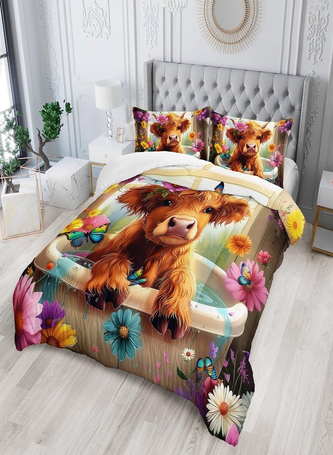 XYNHML Kawaii Wildlife Farmhouse Cow Comforter 3Pcs Twin Western Funny Animal Highland Cow Bedding Set for Kid Teen Girl Boy Butterfly Flower Cattle Quilt Bed Decor with 1 Comforter and 2 Pillowcases - Image 4