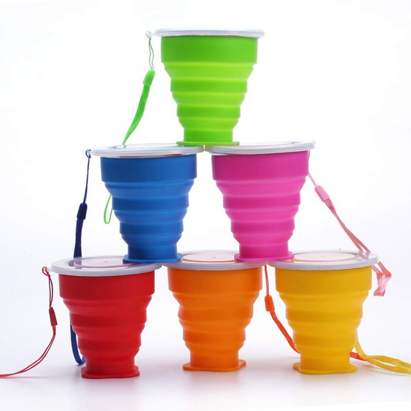 JIELUO Silicone Collapsible Travel Water Cup, 6Pack Collapsible Silicone Cup with Lid, Expandable Drinking Cup Set, Reusable Mug for Camping, Hiking, Travel - Image 1