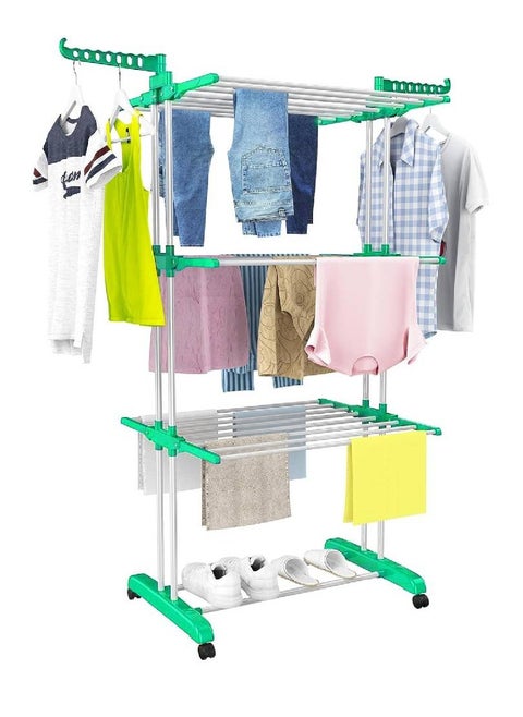 Cloth Drying Stand -Green, Spacious Drying Area, Collapsible 3-Tier Clothes Drying Rack With Hanger -40 kg Drying Capacity - Perfect For Balcony And Indoor Use
