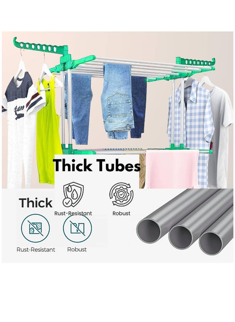 Cloth Drying Stand -Green, Spacious Drying Area, Collapsible 3-Tier Clothes Drying Rack With Hanger -40 kg Drying Capacity - Perfect For Balcony And Indoor Use