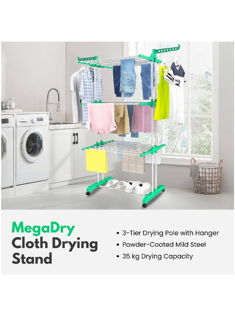Cloth Drying Stand -Green, Spacious Drying Area, Collapsible 3-Tier Clothes Drying Rack With Hanger -40 kg Drying Capacity - Perfect For Balcony And Indoor Use
