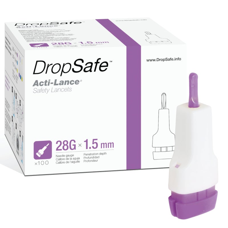 Dropsafe ActiLance Safety Lancet Lite 28 Gauge 15mm Top Button Activated Blood Testing Ideal for Thin Skin Sterile SingleUse 100ct Box