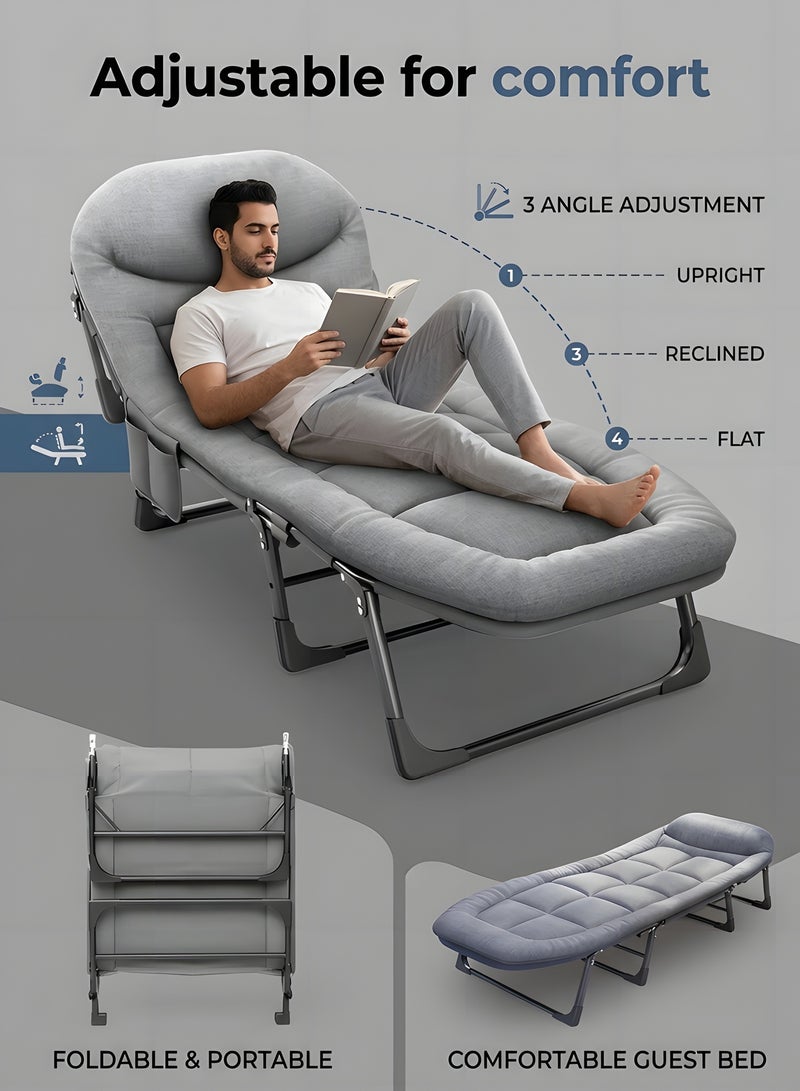 Beauenty Folding Camping Cot，Simple Folding Bed With Memory Foam Mattress And Adjustable Backrest,Portable Folding Outdoor Bed，Adjustable Bed Lounge Chair For Office And Camping 200x65cm，Grey - Image 2