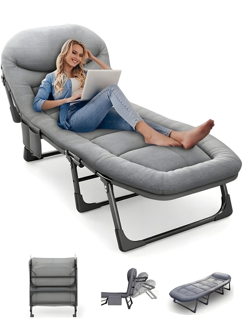 Beauenty Folding Camping Cot，Simple Folding Bed With Memory Foam Mattress And Adjustable Backrest,Portable Folding Outdoor Bed，Adjustable Bed Lounge Chair For Office And Camping 200x65cm，Grey - Image 1