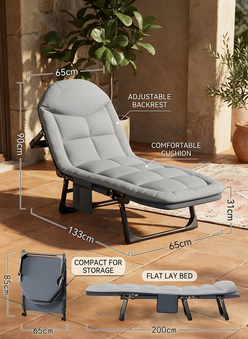 Beauenty Folding Camping Cot，Simple Folding Bed With Memory Foam Mattress And Adjustable Backrest,Portable Folding Outdoor Bed，Adjustable Bed Lounge Chair For Office And Camping 200x65cm，Grey - Image 3