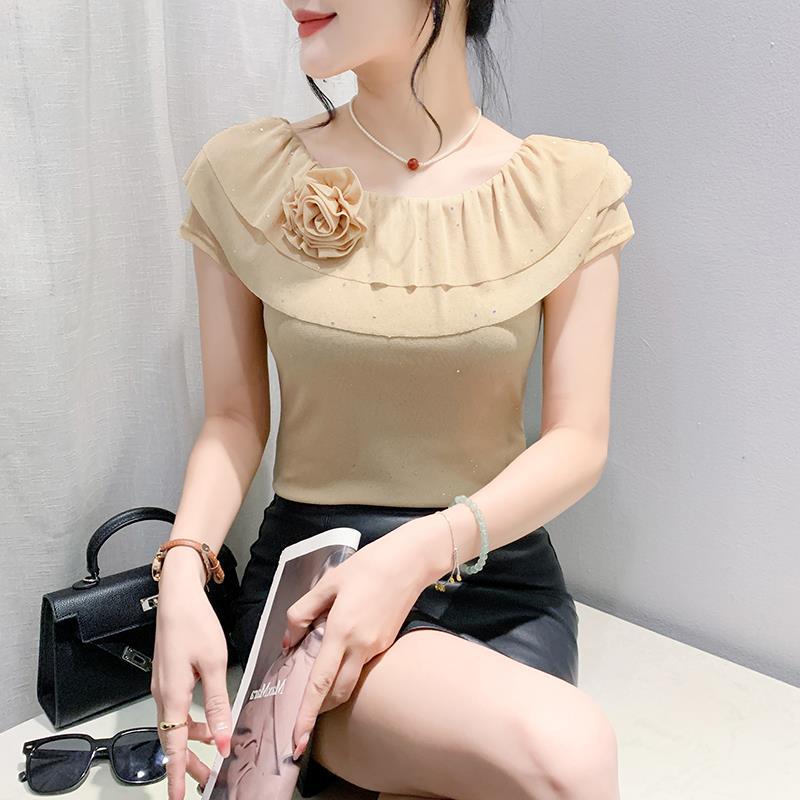 Summer Mesh Stretch Slim Fit Lotus Leaf Lace Three-Dimensional Flower Short Sleeve Top Off Collar T-Shirt - Image 1