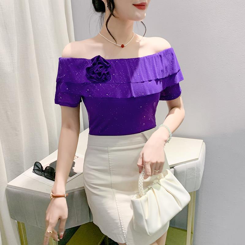 Summer Mesh Stretch Slim Fit Lotus Leaf Lace Three-Dimensional Flower Short Sleeve Top Off Collar T-Shirt - Image 2