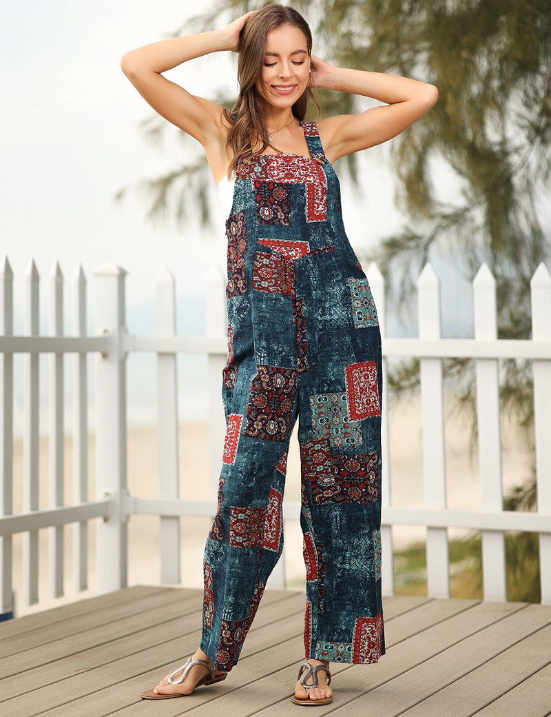 Himosyber Women's Patchwork Dual Pocket Jumpsuit Loose Floral Print Bohemian Wide Leg Bib Overall (TealBlue-XXLarge1) - Image 3