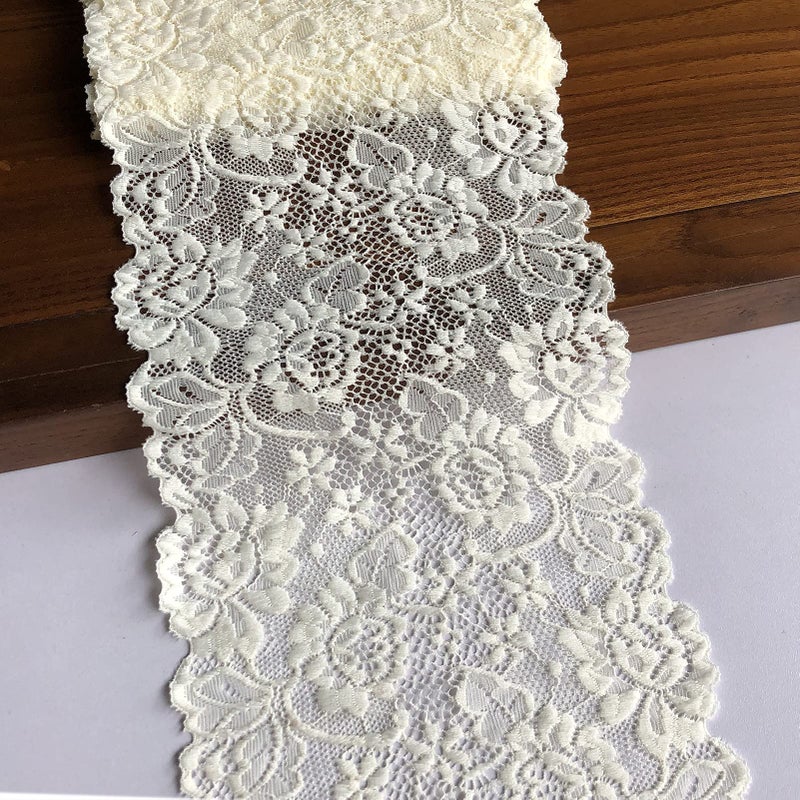LUMKET Ivory Stretch Lace Ribbon 6 Inches Wide Lace Trim Ribbon with Floral Pattern for Bridal Wedding Decorations Sewing and DIY Crafts 5 Yards 7227 Ivory