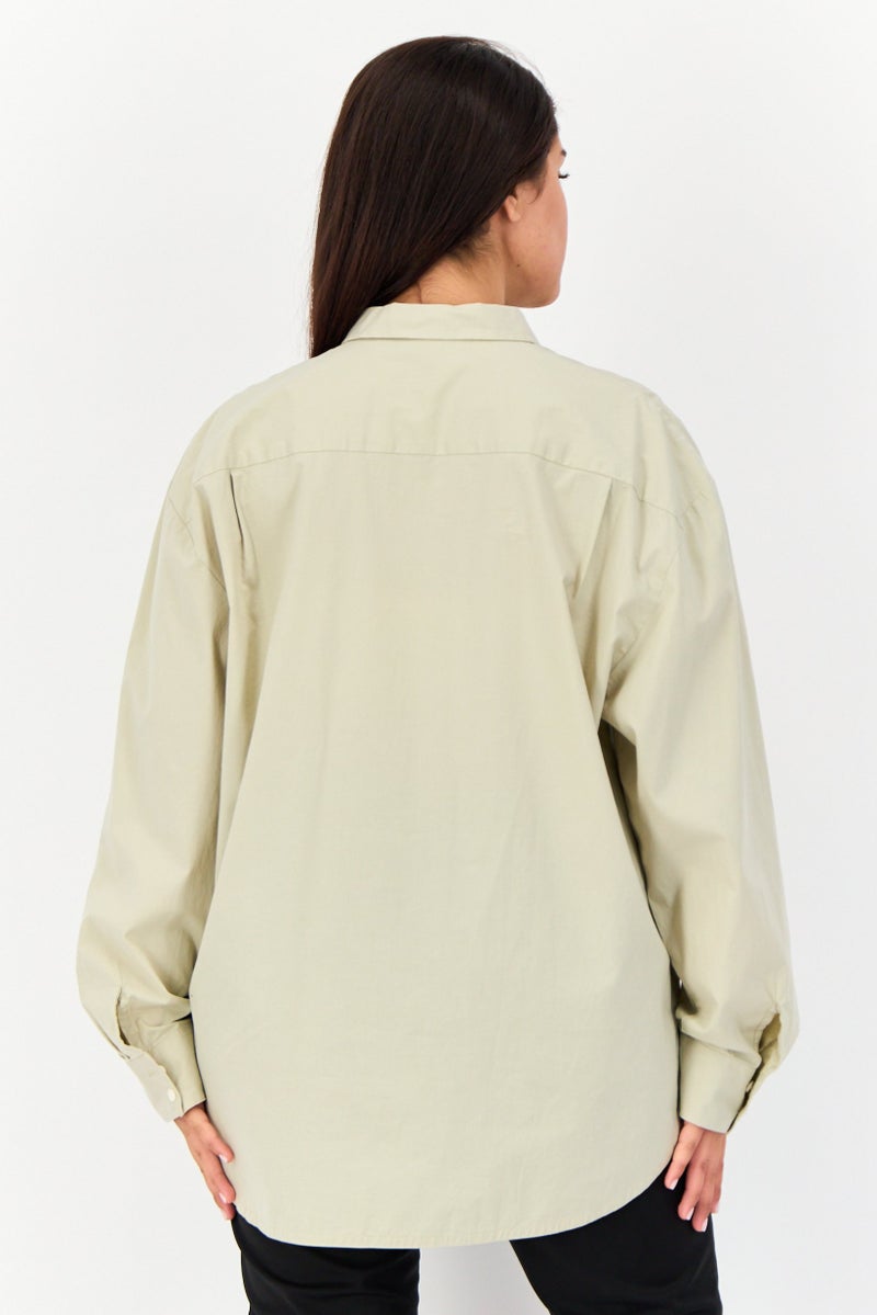 GIORDANO Women Spread Collar Long Sleeve Plain Shirt, Moss Grey - Image 4