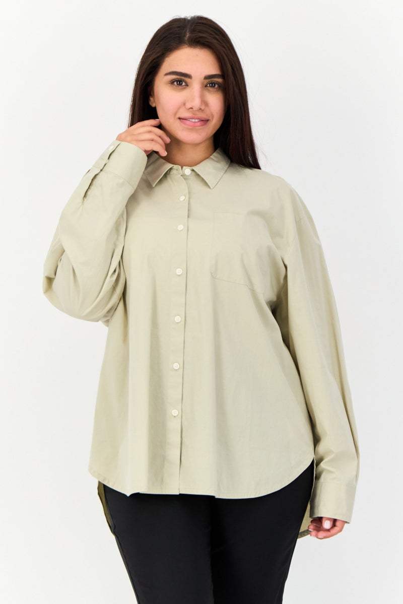 GIORDANO Women Spread Collar Long Sleeve Plain Shirt, Moss Grey - Image 1