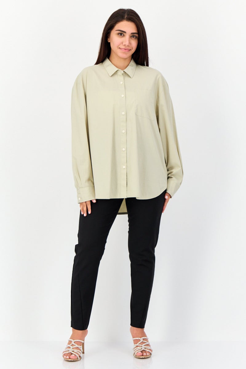 GIORDANO Women Spread Collar Long Sleeve Plain Shirt, Moss Grey - Image 2