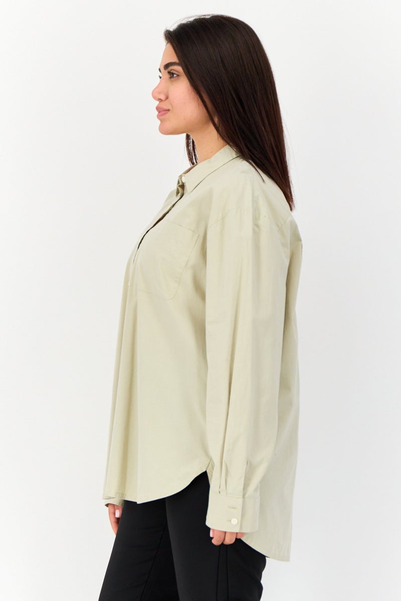 GIORDANO Women Spread Collar Long Sleeve Plain Shirt, Moss Grey - Image 3