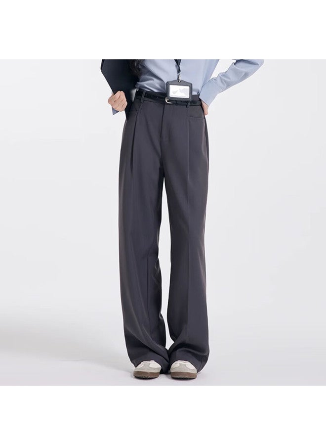 Teluoman Gray Slim-fit Dress Pants For Women, Straight-leg Long Trousers, Suitable For Commuting, Interviews, Draping Formal Wear, Casual Wide-leg Pants - Image 4