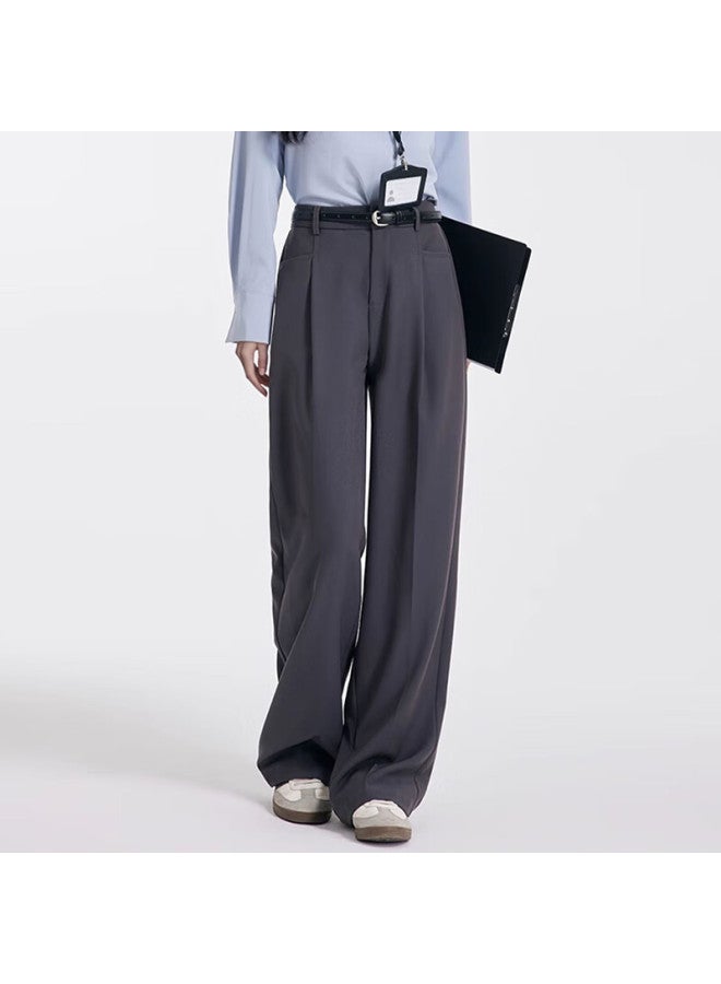 Teluoman Gray Slim-fit Dress Pants For Women, Straight-leg Long Trousers, Suitable For Commuting, Interviews, Draping Formal Wear, Casual Wide-leg Pants - Image 1