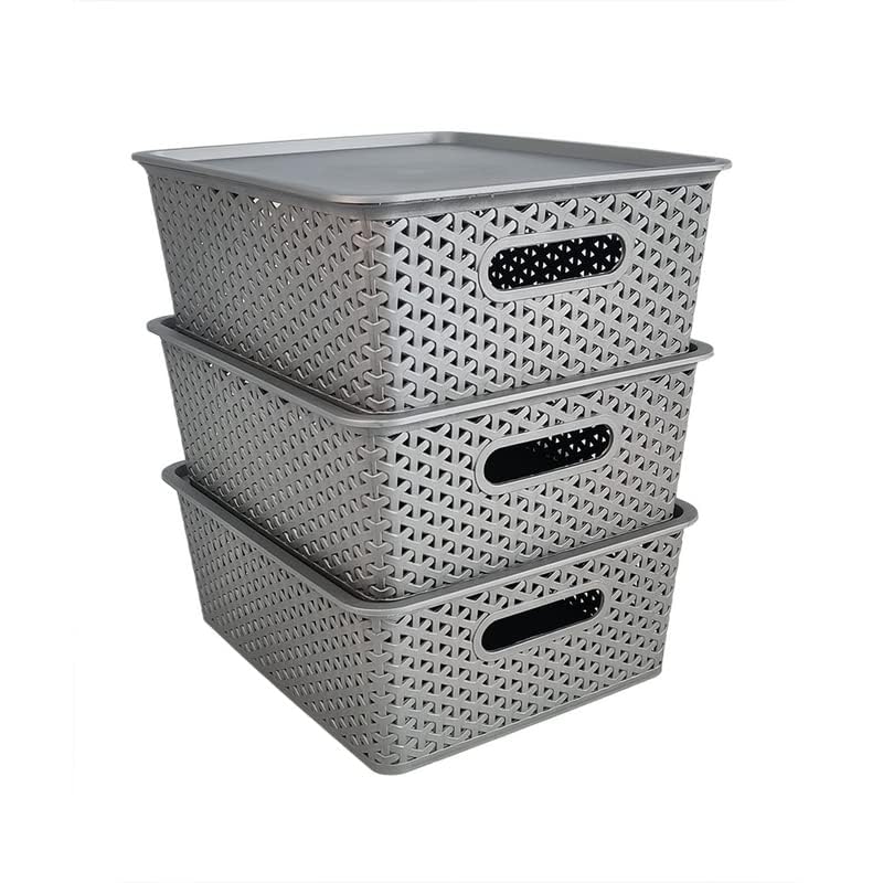 Homestrap Set of 3 Plastic Storage Organizers/Baskets With Lid For Kitchen, Clothes, Multipurpose Vegetables, Toys, Books, Office, Stationery, Wardrobe (Medium | Grey), Rectangular - Image 3
