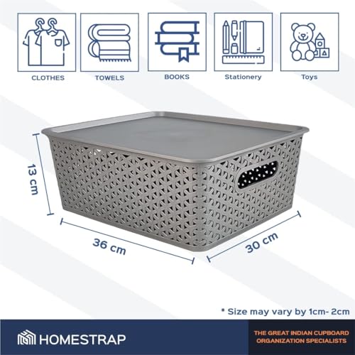 Homestrap Set of 3 Plastic Storage Organizers/Baskets With Lid For Kitchen, Clothes, Multipurpose Vegetables, Toys, Books, Office, Stationery, Wardrobe (Medium | Grey), Rectangular - Image 4
