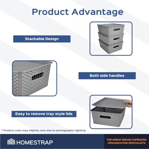 Homestrap Set of 3 Plastic Storage Organizers/Baskets With Lid For Kitchen, Clothes, Multipurpose Vegetables, Toys, Books, Office, Stationery, Wardrobe (Medium | Grey), Rectangular - Image 5