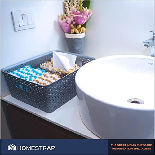 Homestrap Set of 3 Plastic Storage Organizers/Baskets With Lid For Kitchen, Clothes, Multipurpose Vegetables, Toys, Books, Office, Stationery, Wardrobe (Medium | Grey), Rectangular - Image 2