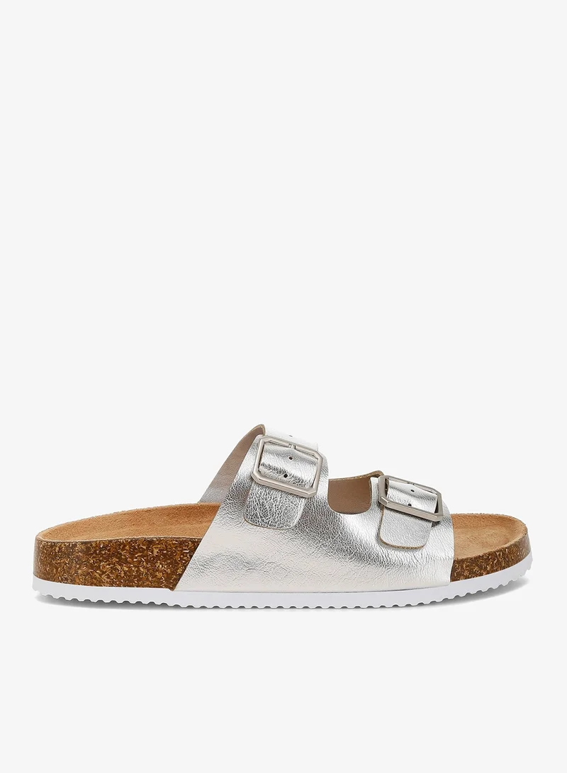 Dual Strap Buckle Flats In Silver