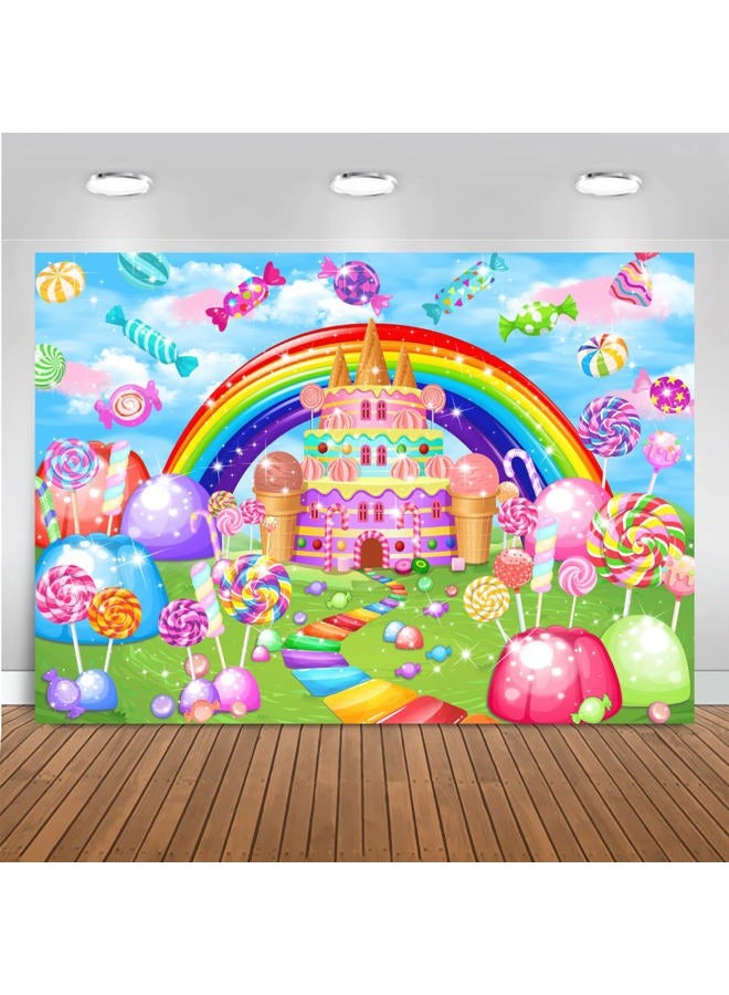 Mocsicka Sweet Candyland Backdrop Lollipop Sweetest Candy Theme Birthday Party Decoration for Girl Candy Ice Cream Castle Rainbow Party Banner Sweetest Day Wall Decorations(82''x60'') - Image 1