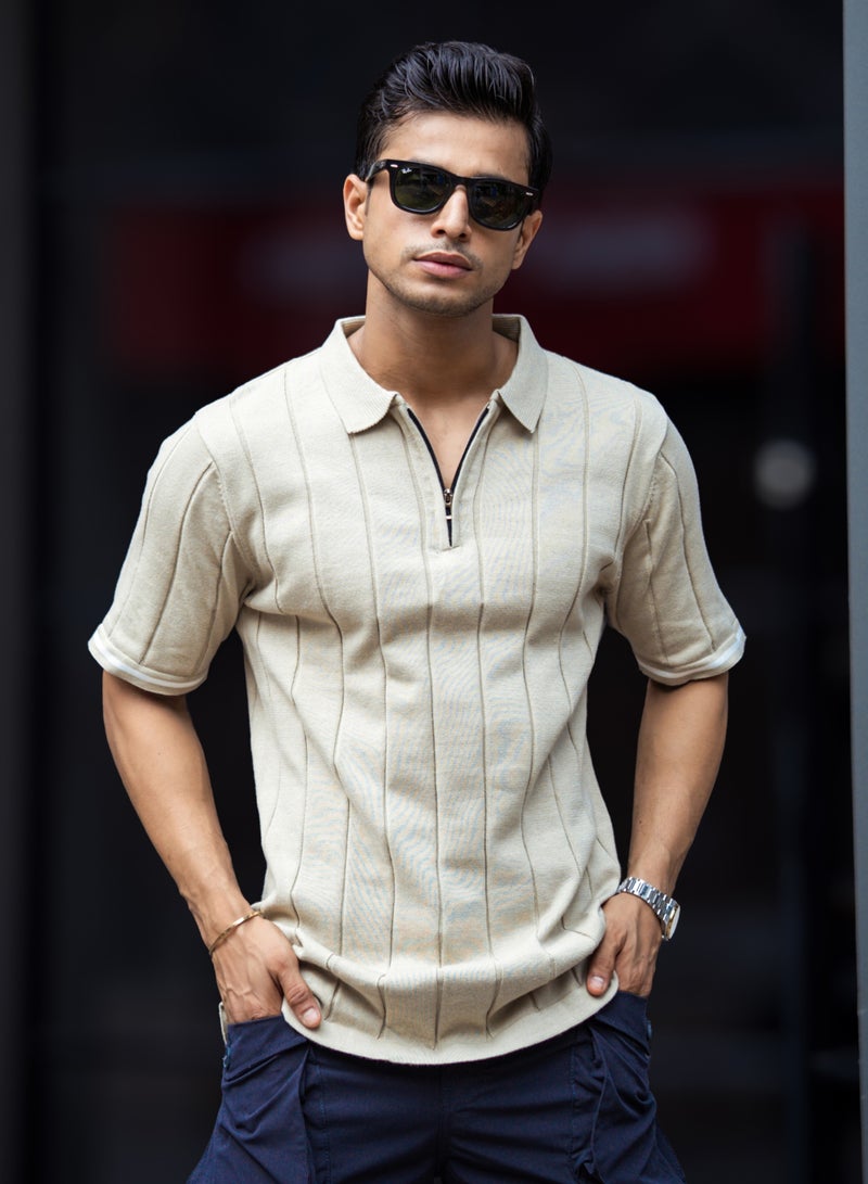 Maniac Mens drop needletextured beige polo neck half sleeve cotton tshirt - Image 1
