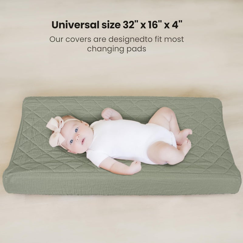 Konssy Waterproof Muslin Changing Pad Cover 2 Pack, Quilted Cotton Fitted Diaper Chang Table Cover, Soft Changing Pad Sheets for Girls Boys (Fog Green,Cream) - Image 5