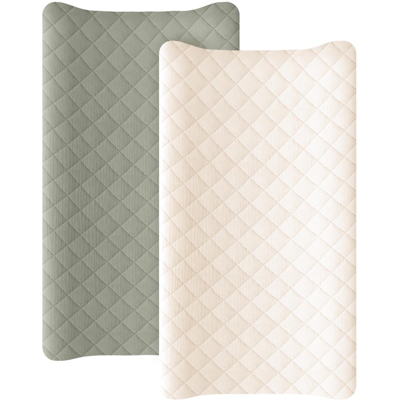 Konssy Waterproof Muslin Changing Pad Cover 2 Pack, Quilted Cotton Fitted Diaper Chang Table Cover, Soft Changing Pad Sheets for Girls Boys (Fog Green,Cream) - Image 1