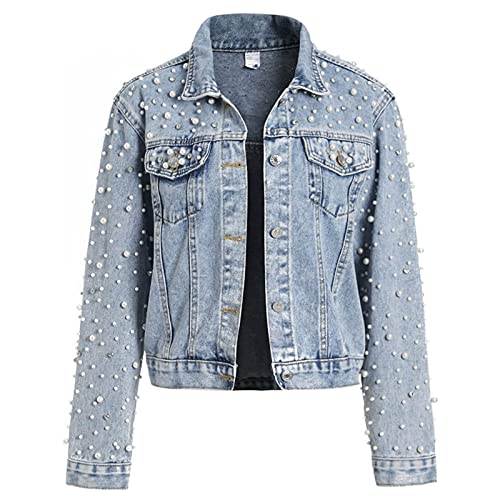 LifeShe Women's Pearls Denim Jacket Cropped Rhinestones Jean Jacket Coat - Image 1