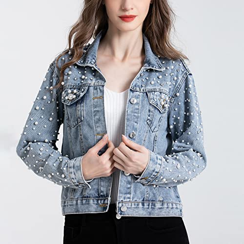 LifeShe Women's Pearls Denim Jacket Cropped Rhinestones Jean Jacket Coat - Image 4