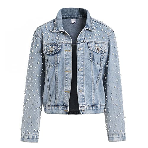 LifeShe Women's Pearls Denim Jacket Cropped Rhinestones Jean Jacket Coat - Image 2