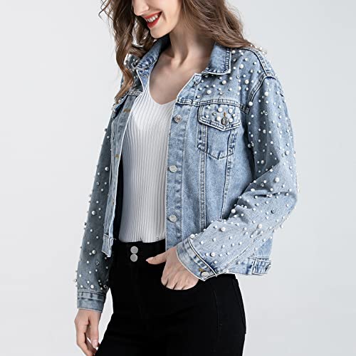 LifeShe Women's Pearls Denim Jacket Cropped Rhinestones Jean Jacket Coat - Image 3