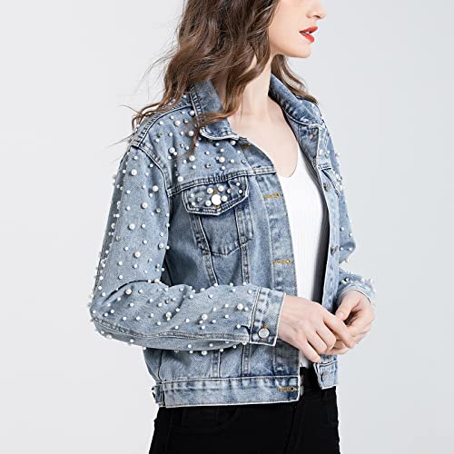 LifeShe Women's Pearls Denim Jacket Cropped Rhinestones Jean Jacket Coat - Image 5