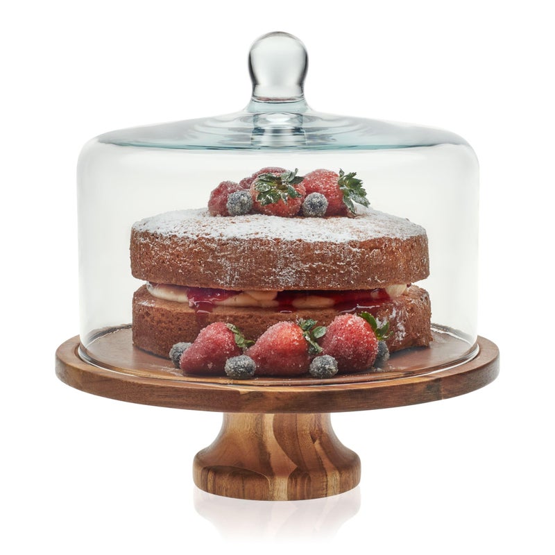 Libbey Acacia Wood Cake Stand with Lid Footed Round Cake Container Ball Top Handle Covered Cake Stand Durable Glass Dome Cover